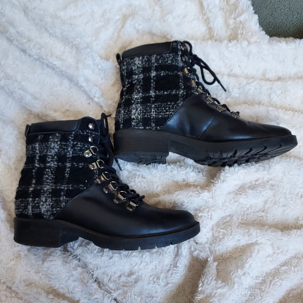 Marc Fisher Lanzia Black Leather Plaid Tweed Utility Boots 7.5 Winter Grunge